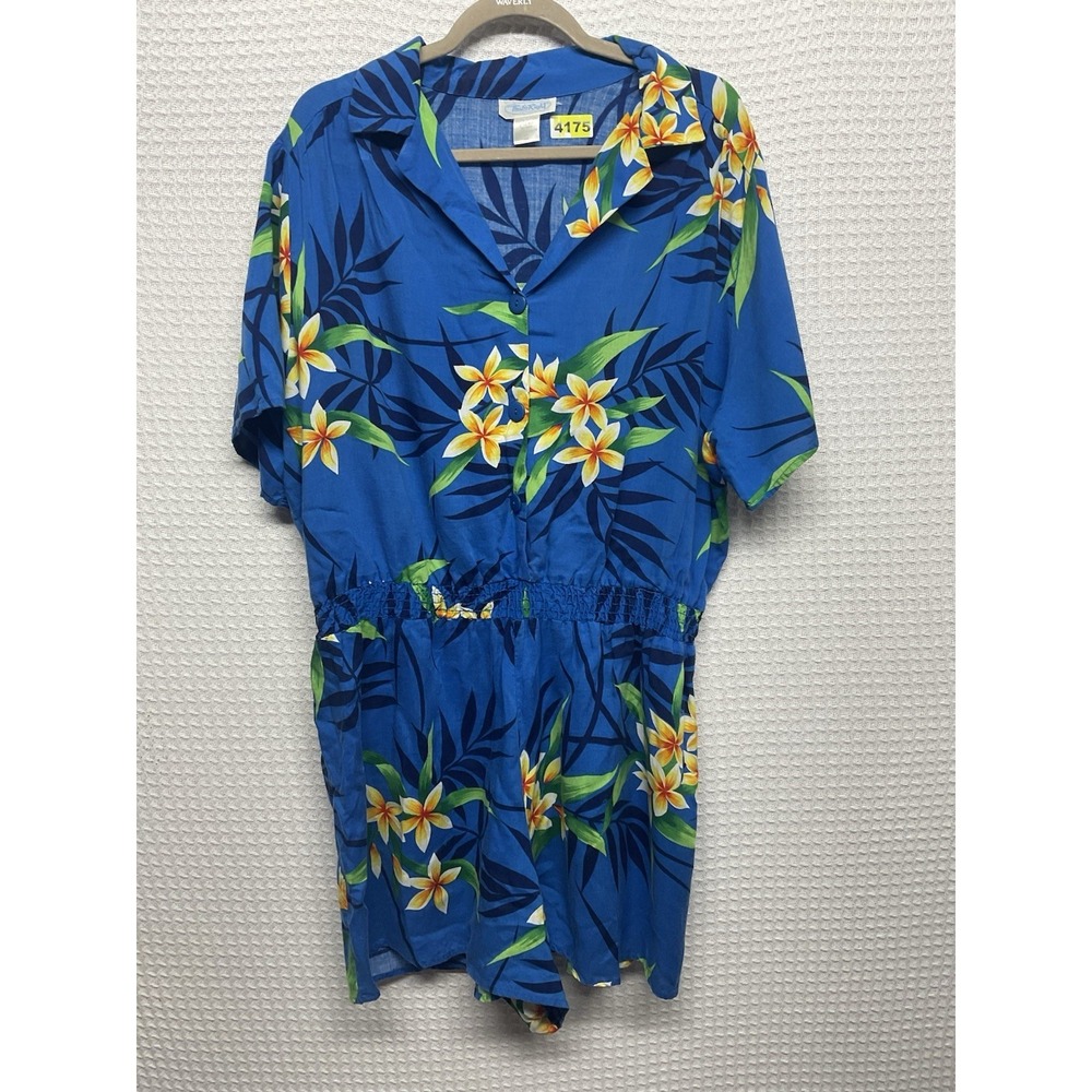 Vintage That's Right Romper‎ Womens 44/ Large V-Neck Blue Floral Hawaiian 80s